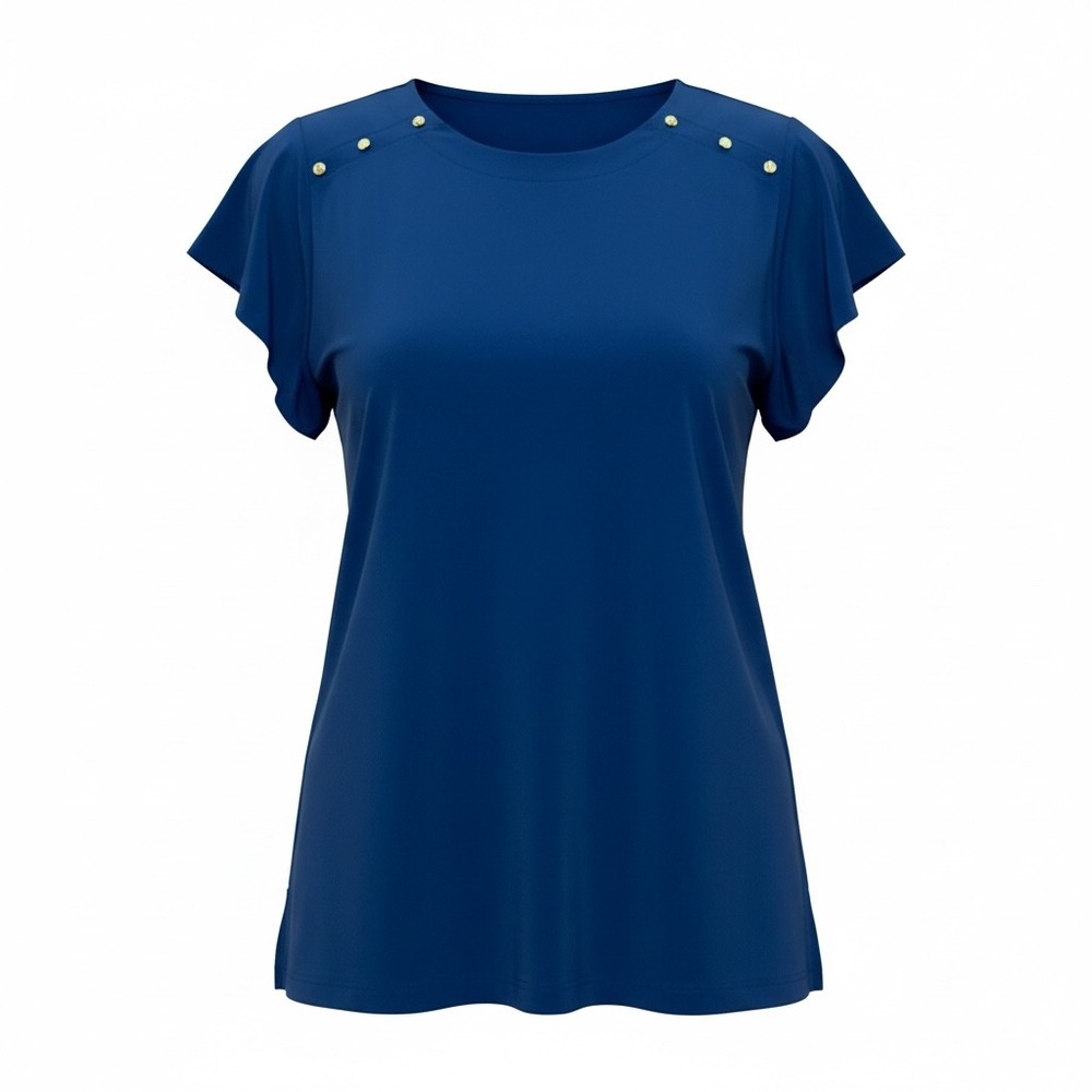 Liz Claiborne Navy Blue Flutter Sleeve Blouse Gold Button Shoulder Size L